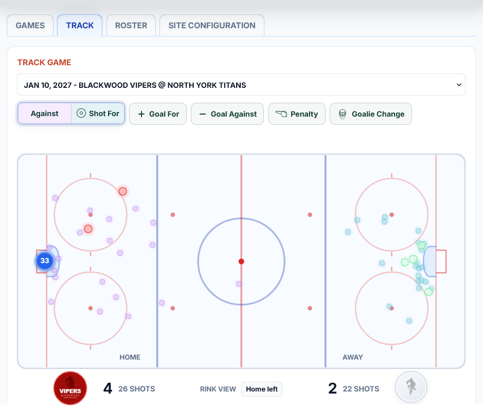 Game-tracking dashboard showing event controls and recorded shot locations on the rink